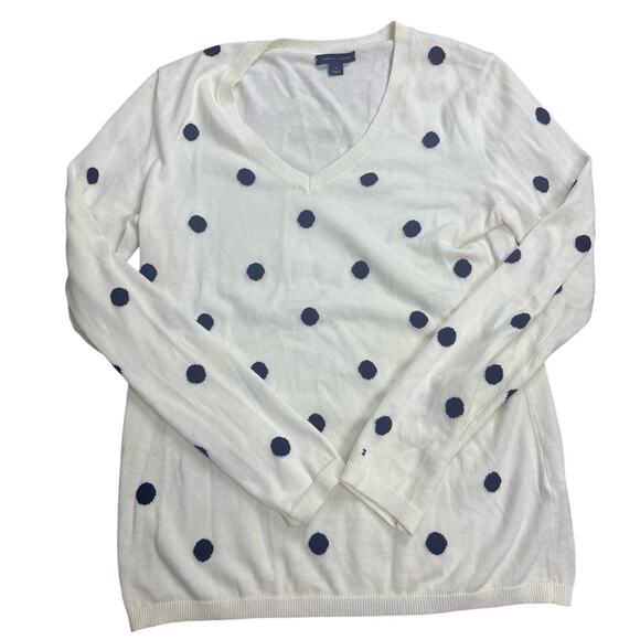 Tommy Hilfiger Women’s Medium Sweater White Navy Polka Dot V-Neck 100% Cotton - Picture 1 of 8